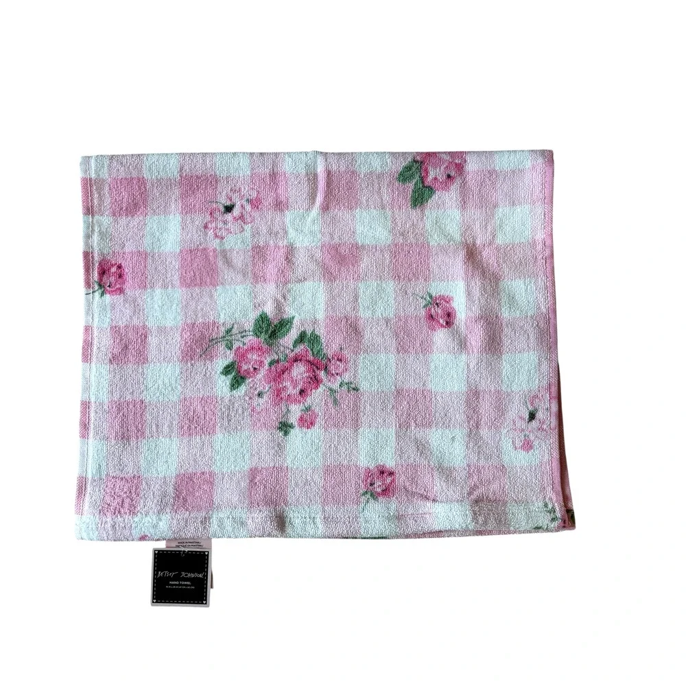 Betsey Johnson Pink Gingham Floral Towels 3pc Set 2 Bath 1 Hand 100% Cotton NEW
